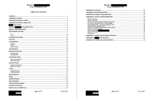 PM PLAN TOC REDACTED Fig. 1 Project Management Plan example for a large project, 150+ people.